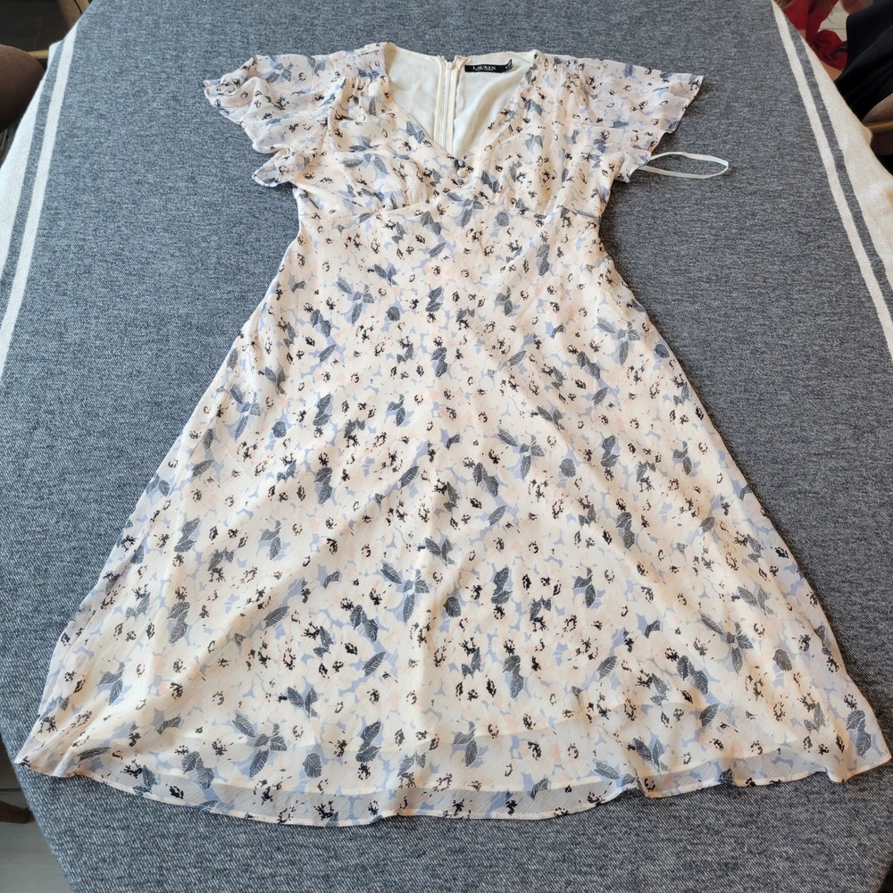 Lauren Ralph Lauren Floral Flutter Sleeve Midi Dress Cream Blue Size 10